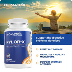 BioMatrix Pylor-X ingredient panel highlights mastic gum and berberine for gut balance.