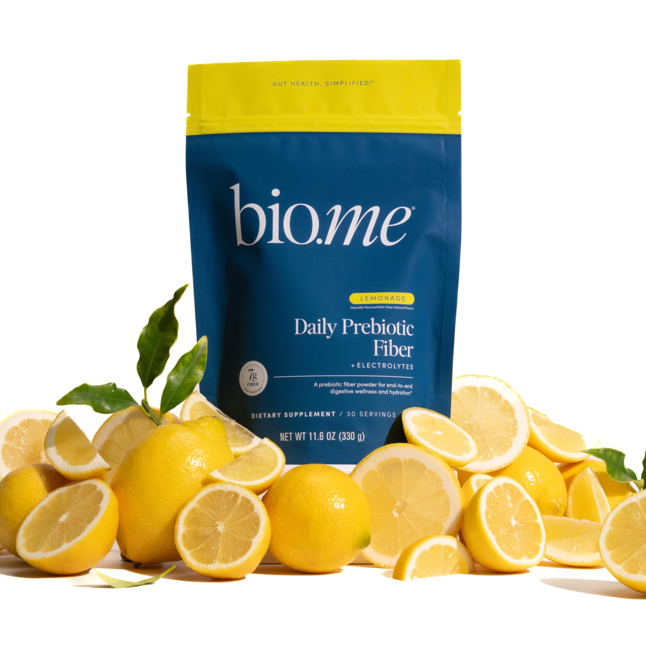 30 servings on Bio.me lemon flavor packaging highlighting daily convenience.