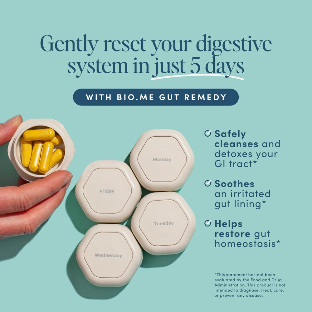 Closeup of Bio.me Biome Gut Remedy capsules for convenient daily cleanse