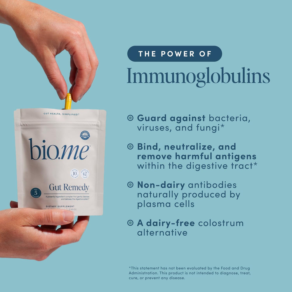 Box packaging of Bio.me Biome Gut Remedy with 30-count supply and program focus