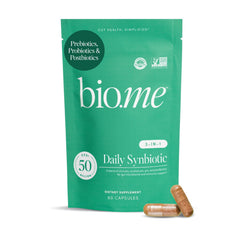 Biome Synbiotic bottle closeup highlighting a 3-in-1 daily formula for digestive balance.