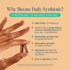 Biome Synbiotic capsules top view ready to support gut health and ease bloating.