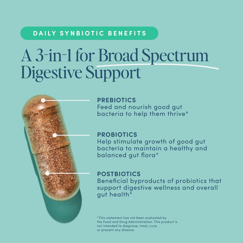 Biome Synbiotic label detail showcases non-GMO, vegan formulation.