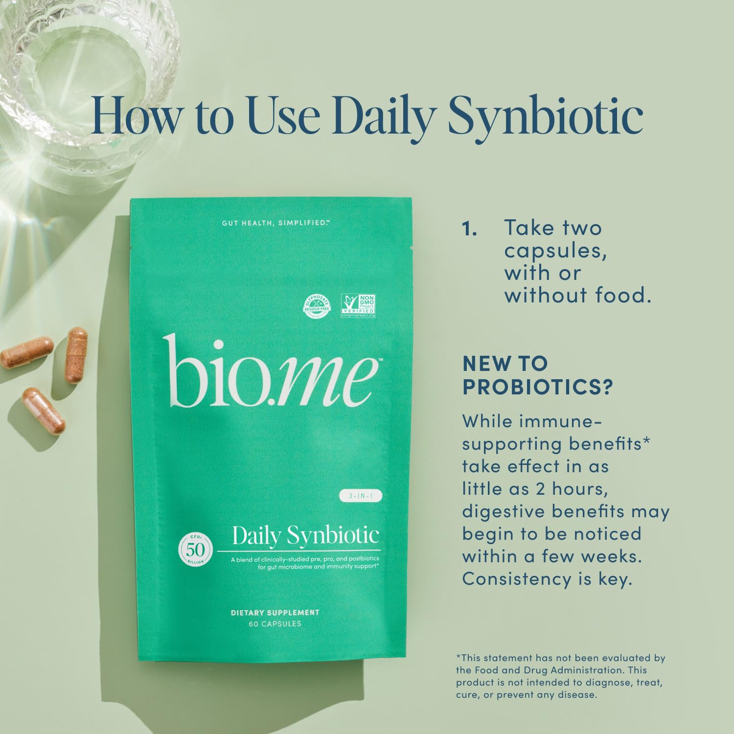 Biome Synbiotic vegan capsules designed for daily gut balance.