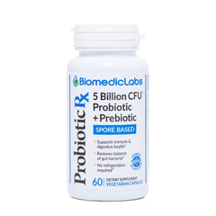 Biomedic Labs RX Probiotic Rx bottle pour shows shelf-stable SBO benefits for gut health.