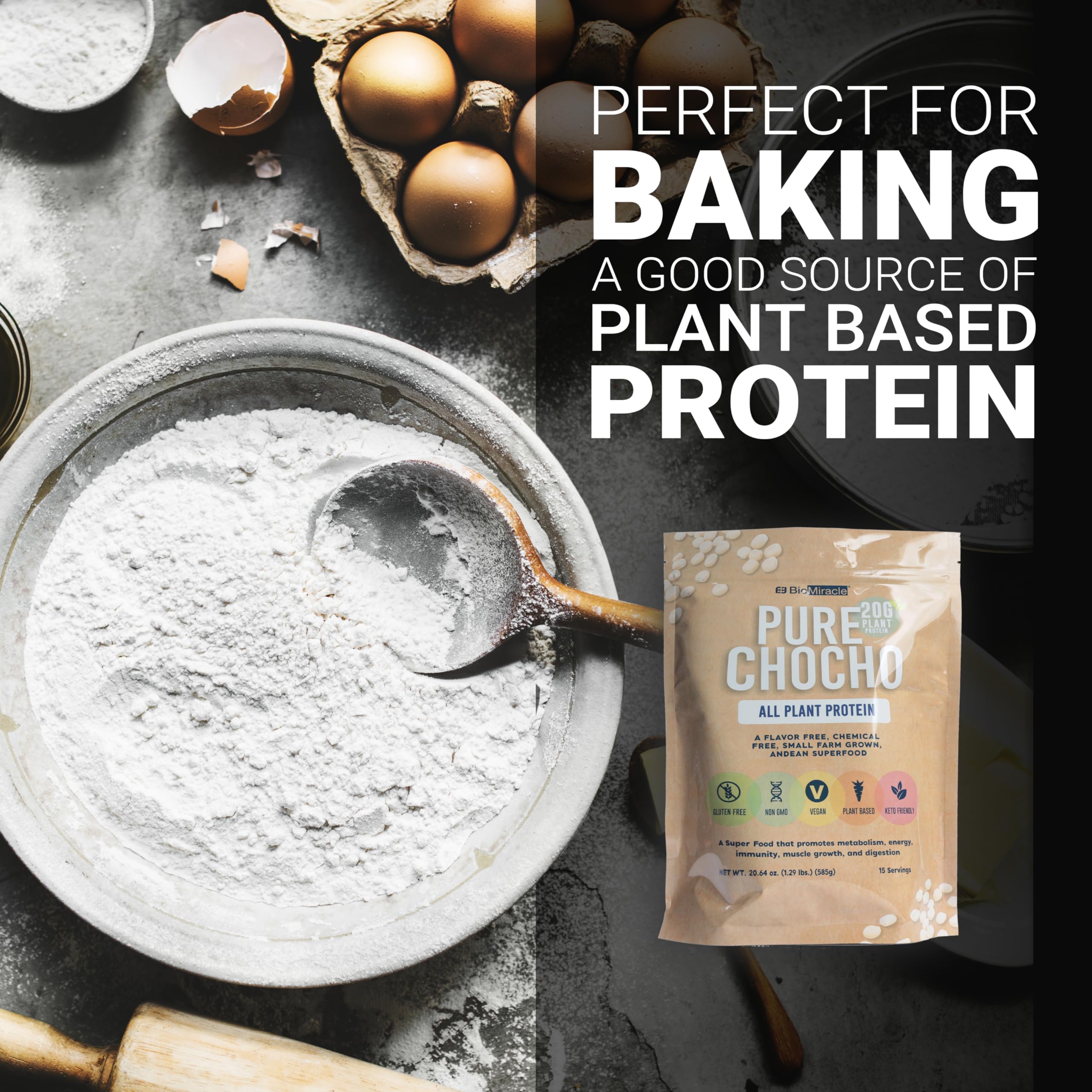 BioMiracle package label highlighting gluten-free vegan protein benefits