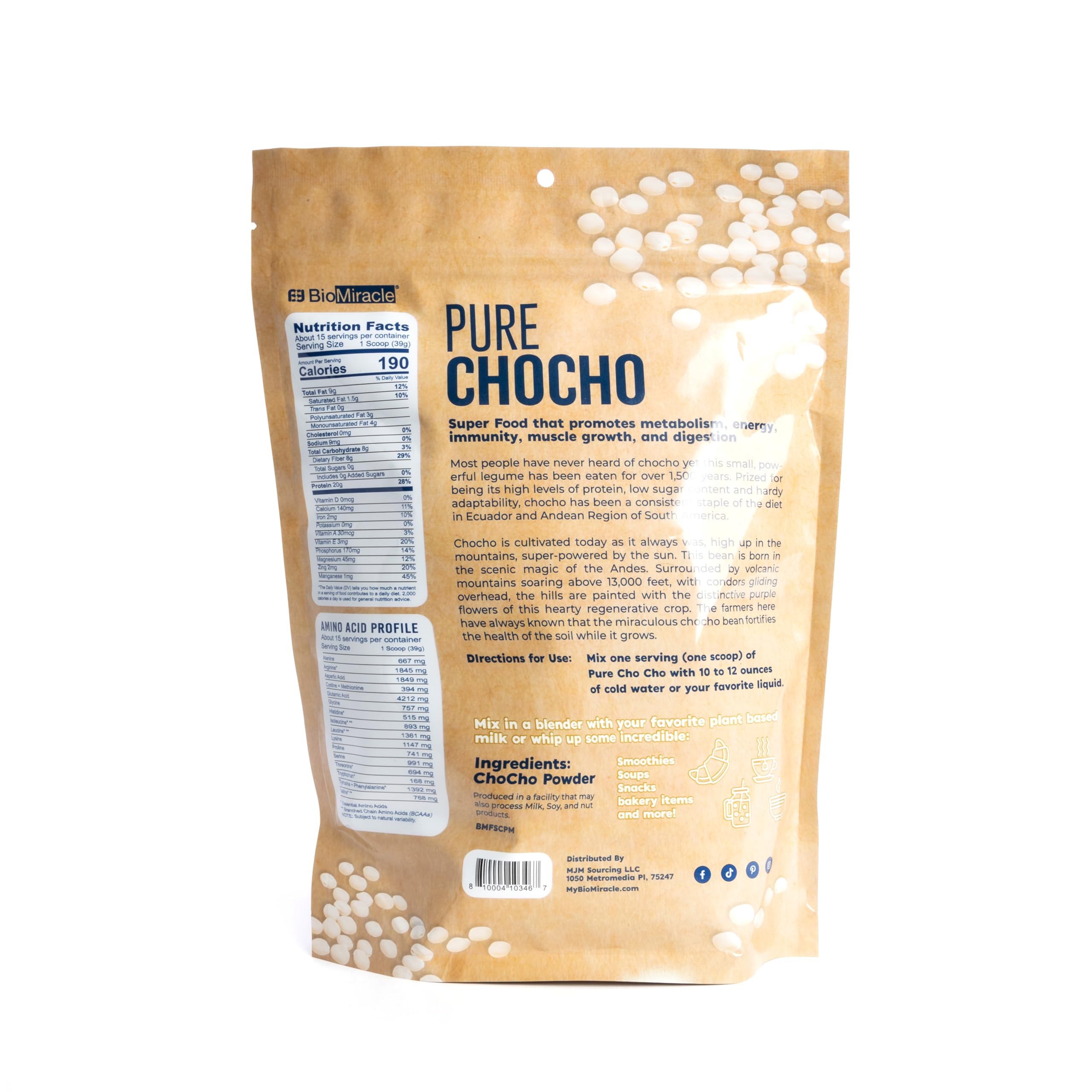 BioMiracle hydrolyzed pure chocho protein powder in bag ready to scoop