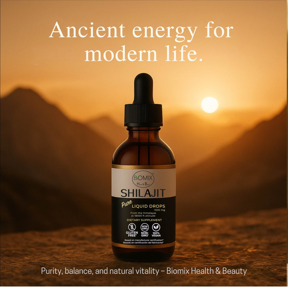 BIOMIX Shilajit Drops GMP Facility badge suggests quality control.