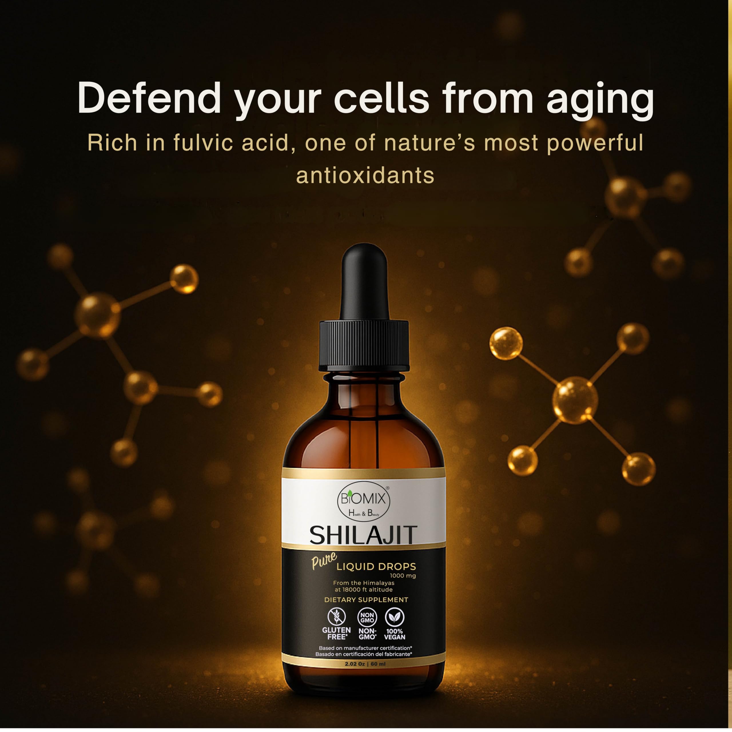 BIOMIX Shilajit Resin Fulvic Acid highlights mineral content.