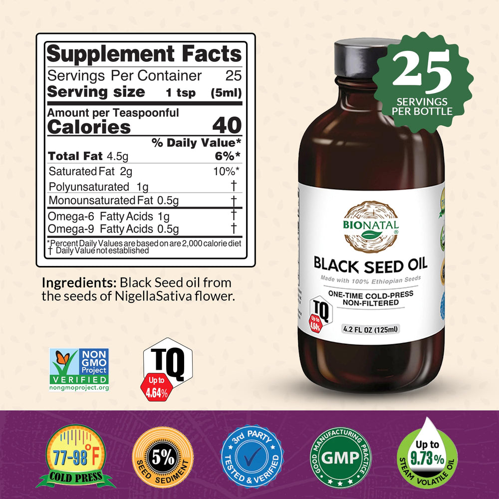 BioNatal black seed seeds close-up emphasizes quality for authentic oil.