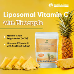 Scoop of pineapple-flavored powder ready to mix with water.