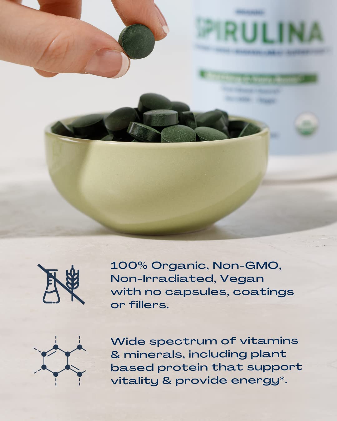 BioOptimal Spirulina natural ingredients indicate no additives or fillers.