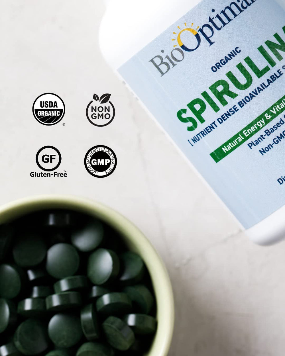BioOptimal Spirulina non-GMO seal conveys a transparent, clean supplement choice.