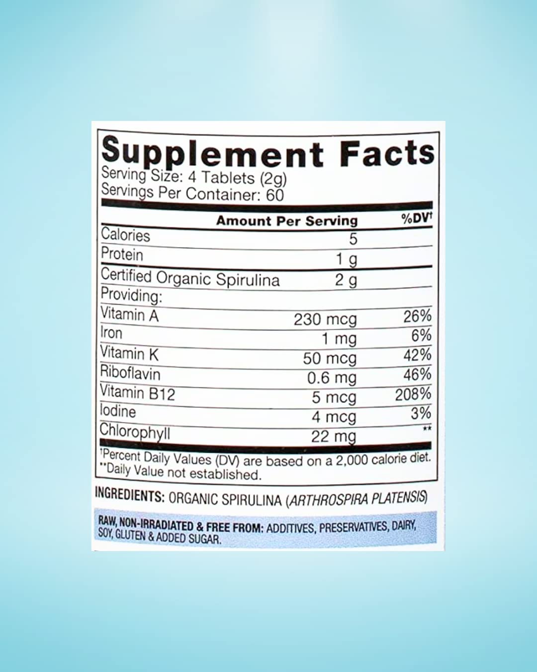 BioOptimal Spirulina Organic label emphasizes pesticide-free sourcing for balanced nutrition.
