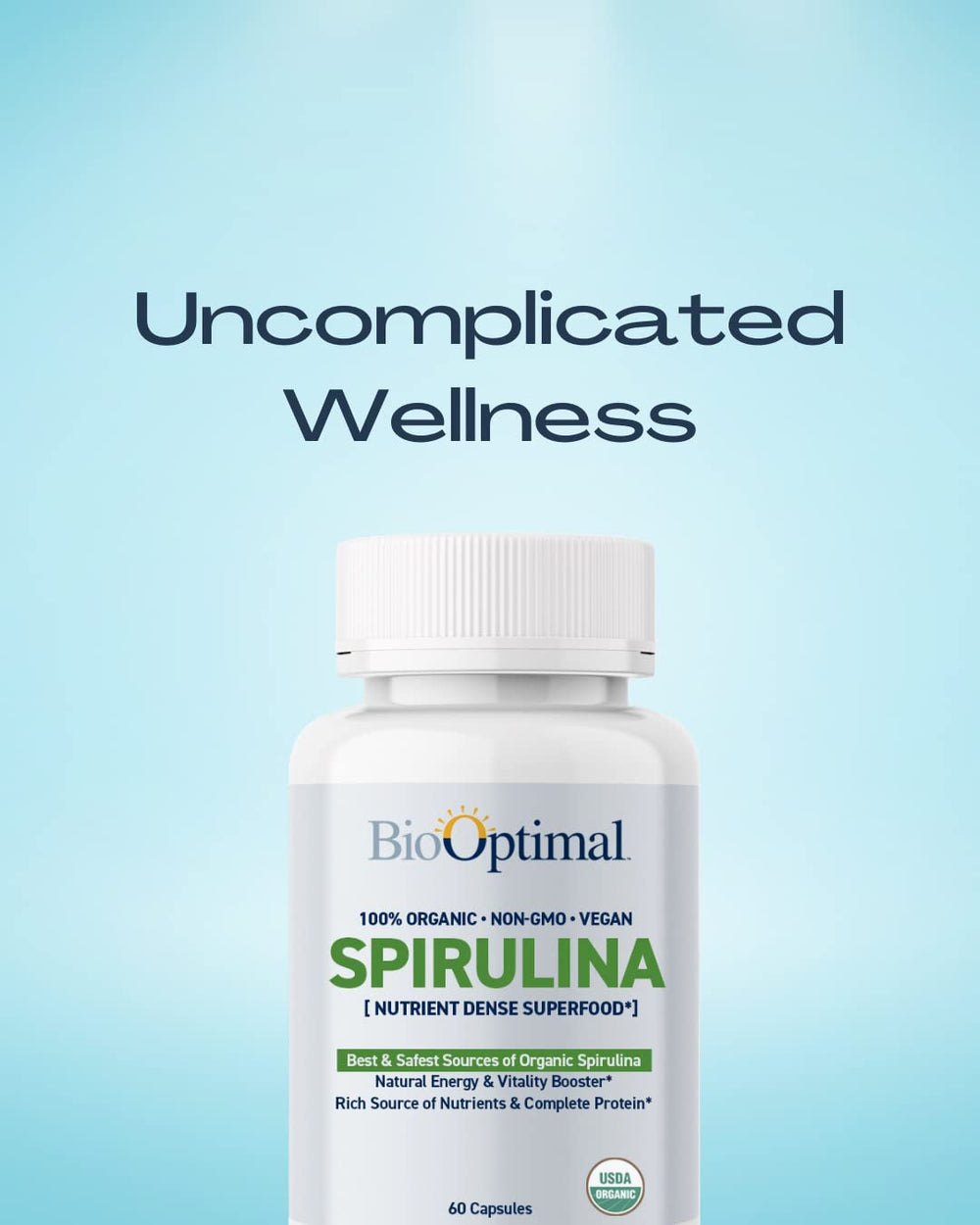 Close-up of BioOptimal Spirulina Tablets shows organic, pure ingredients for everyday wellness.