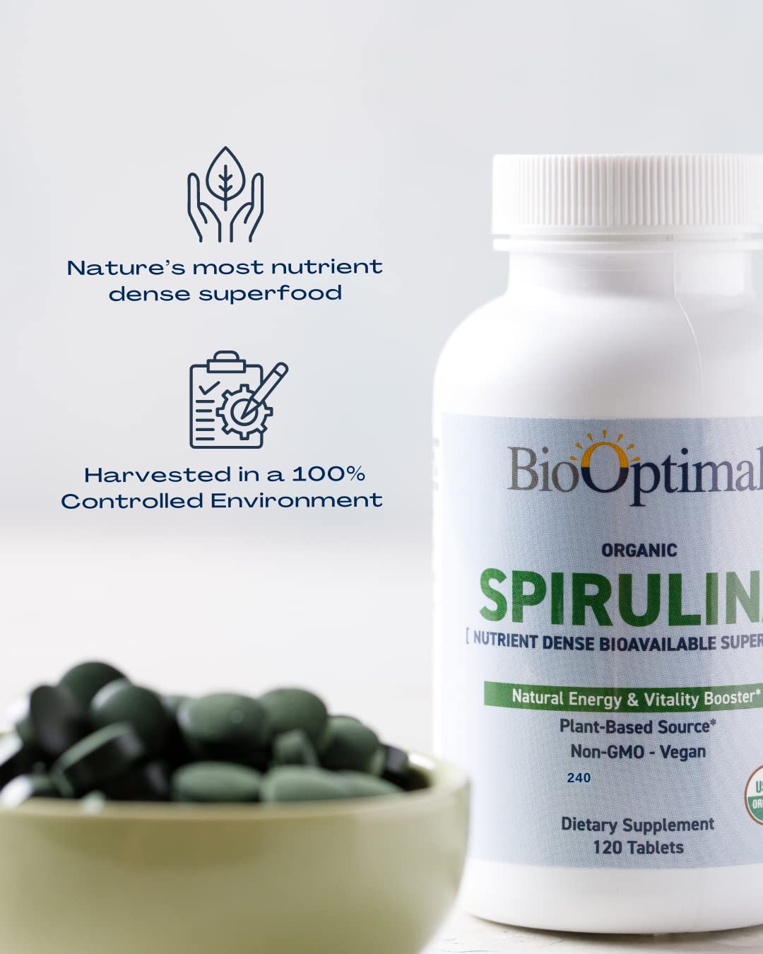 Vibrant green BioOptimal Spirulina Tablets illustrate a convenient plant-based nutrient source.