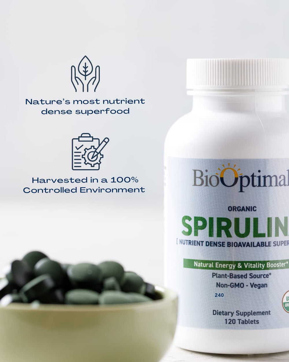 Vibrant green BioOptimal Spirulina Tablets illustrate a convenient plant-based nutrient source.