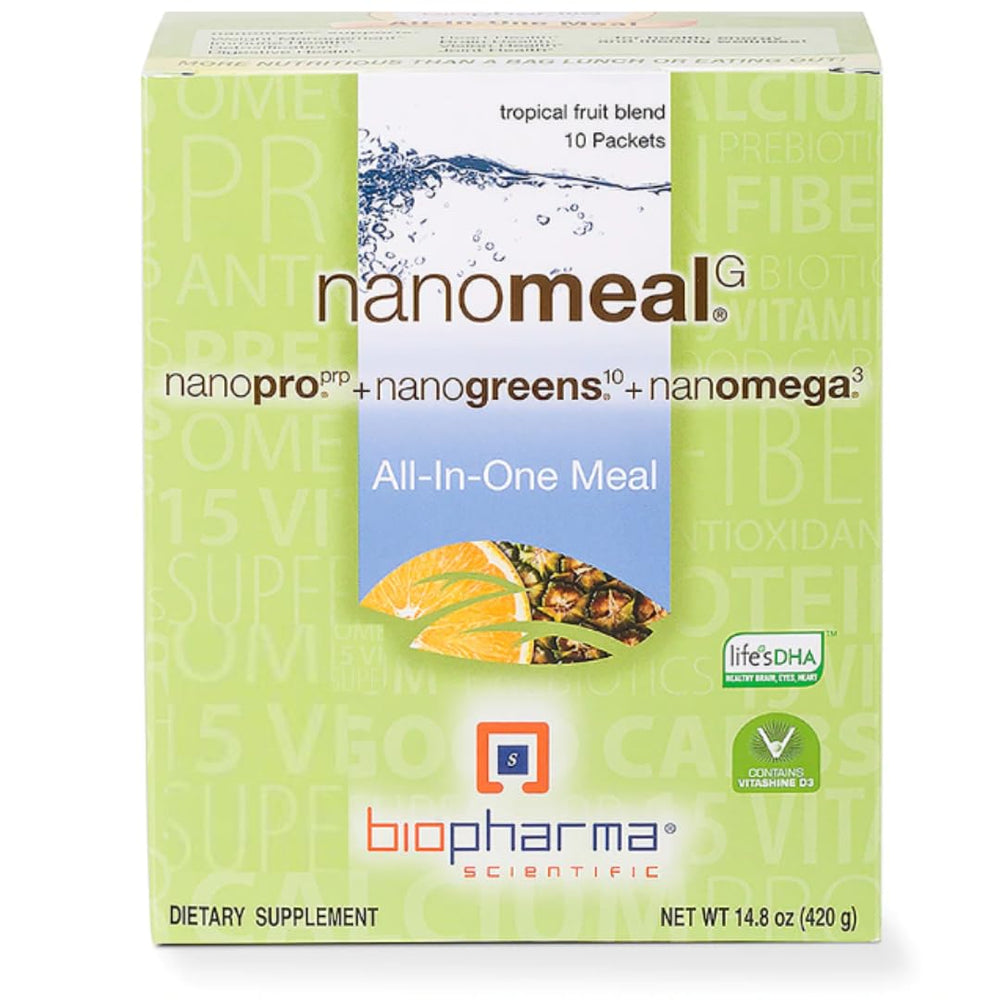 Biopharma Scientific Nanomeal tropical blend packet for convenient on-the-go nutrition.