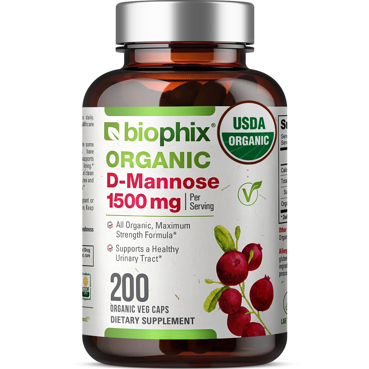 Biophix D-Mannose bottle showcases organic, vegan-friendly formula for urinary tract support