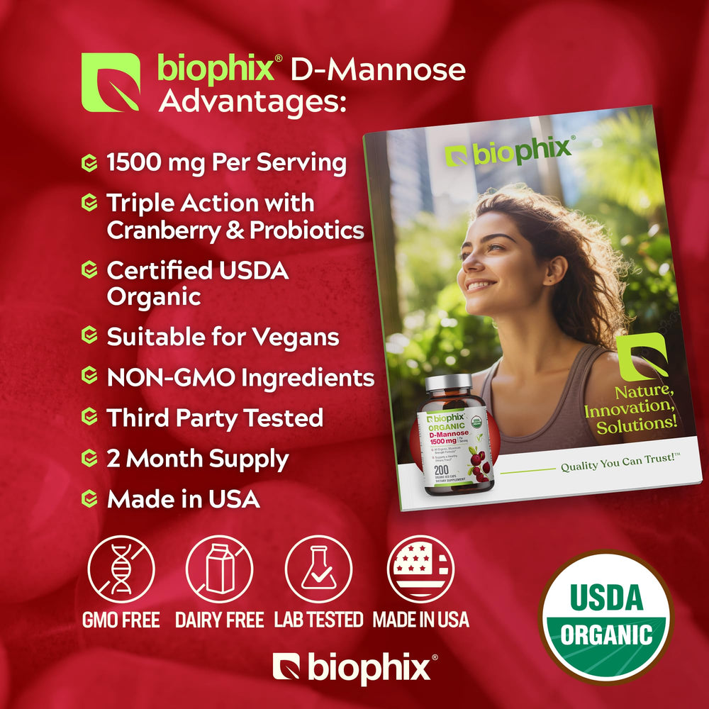 Biophix D-Mannose capsules show a 1500 mg per serving plant-based capsule