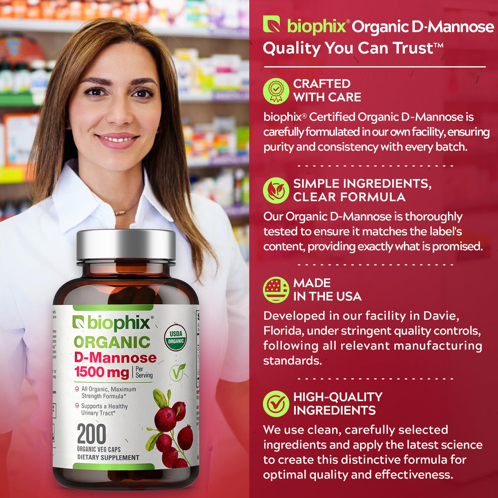 Biophix D-Mannose organic certification seal indicating natural sourcing