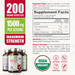 Biophix D-Mannose packaging box emphasizes non-GMO and vegan-friendly features