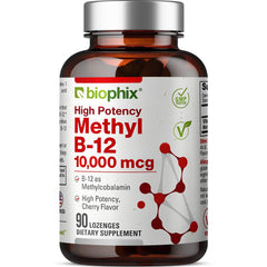 Biophix Methyl B-12 bottle label shows natural cherry flavor and 10,000 mcg potency.