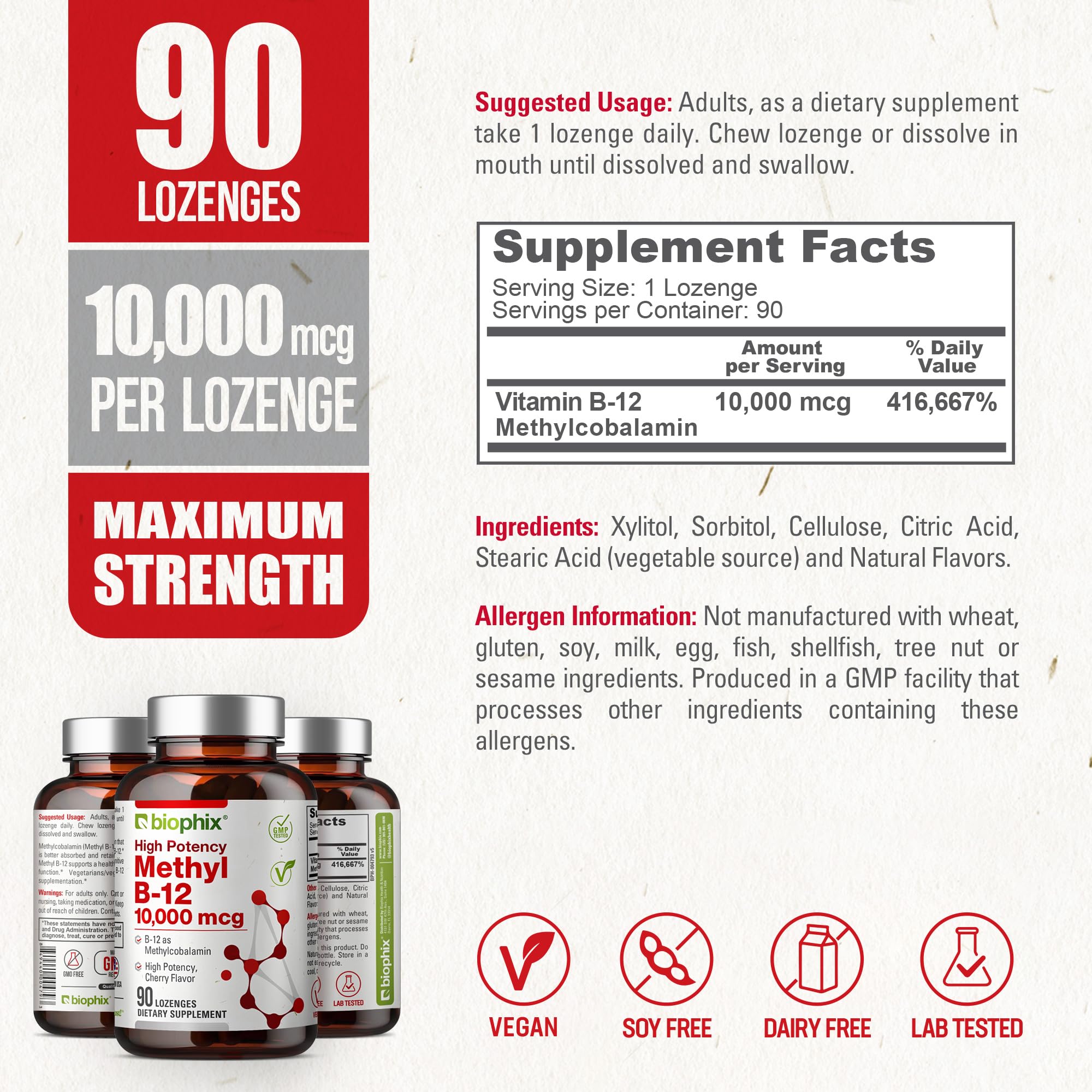 Biophix Methyl B-12 ingredient panel highlights organic certifications and USA manufacturing.