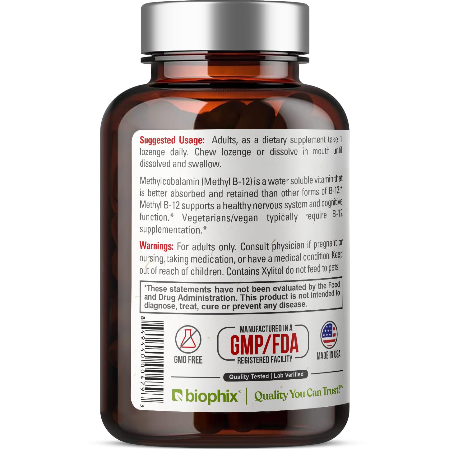 Biophix Methyl B-12 lozenge pack shows 90-count supply for daily wellness.