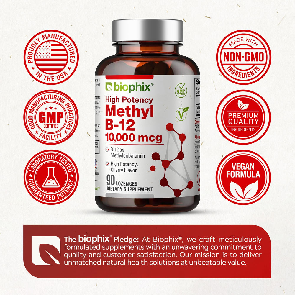 Biophix Methyl B-12 lozenge dissolving in mouth suggests fast-acting absorption and taste.
