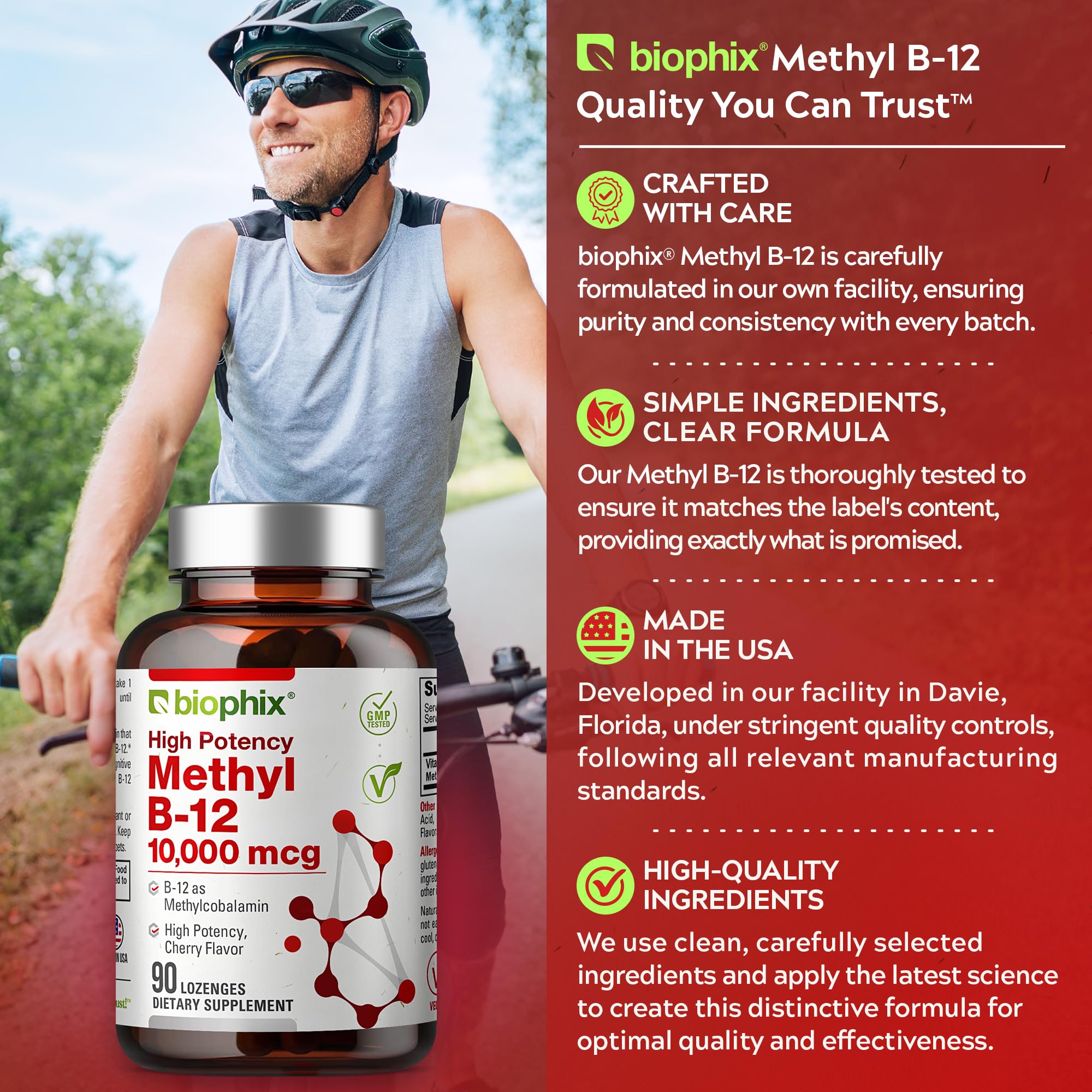 Biophix Methyl B-12 10,000 mcg bottle stand displays sleek design and trusted promise.