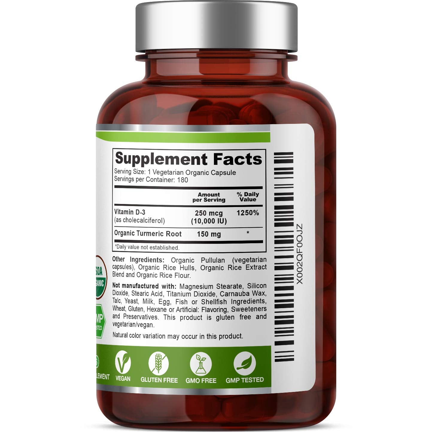 Biophix Organic D-3 turmeric nutrition label zoomed for transparency.