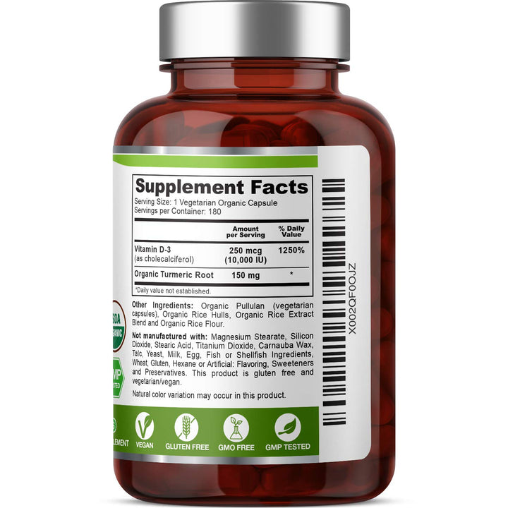 Biophix Organic D-3 turmeric nutrition label zoomed for transparency.