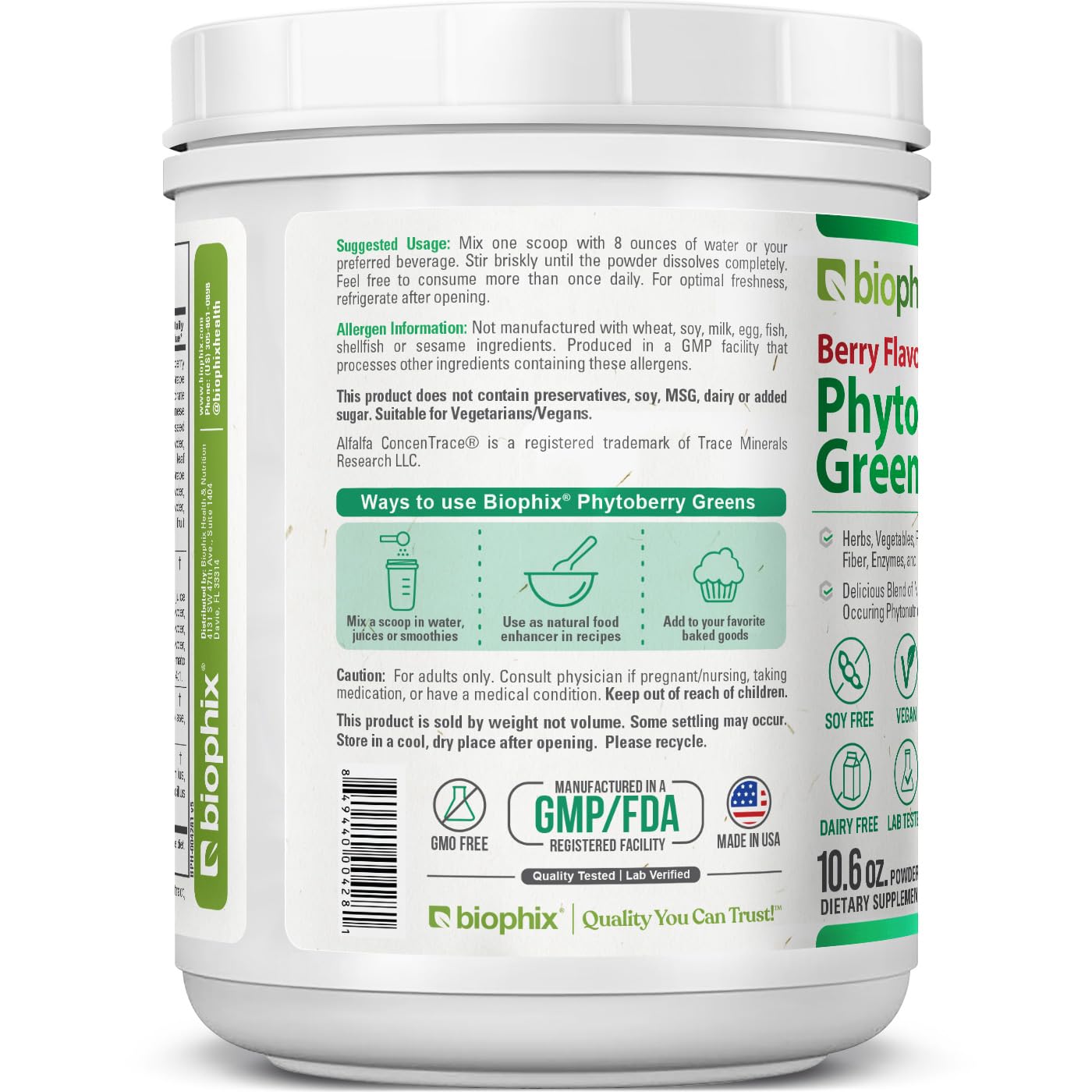 Biophix Phytoberry Greens berry powder pouring into shake bottle for quick nutrition