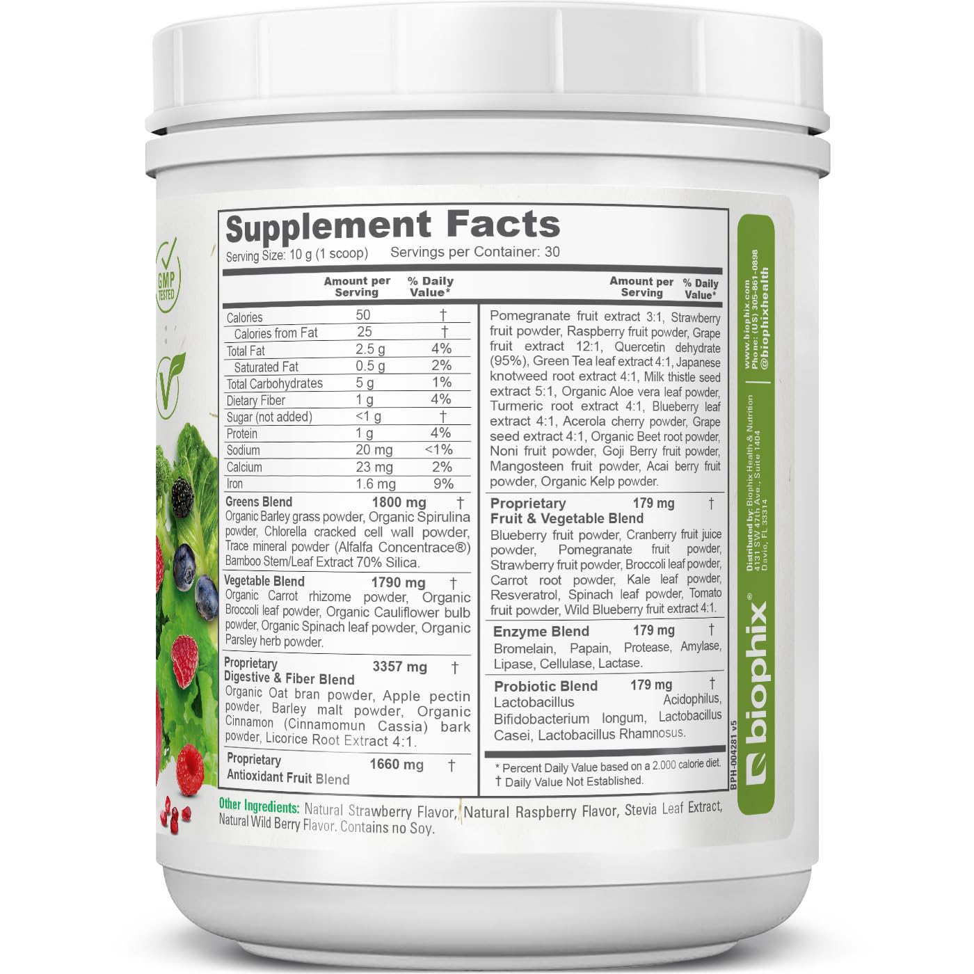 Biophix Phytoberry Greens serving spoon displaying powder ready to mix into smoothies