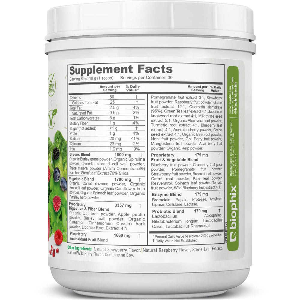 Biophix Phytoberry Greens serving spoon displaying powder ready to mix into smoothies