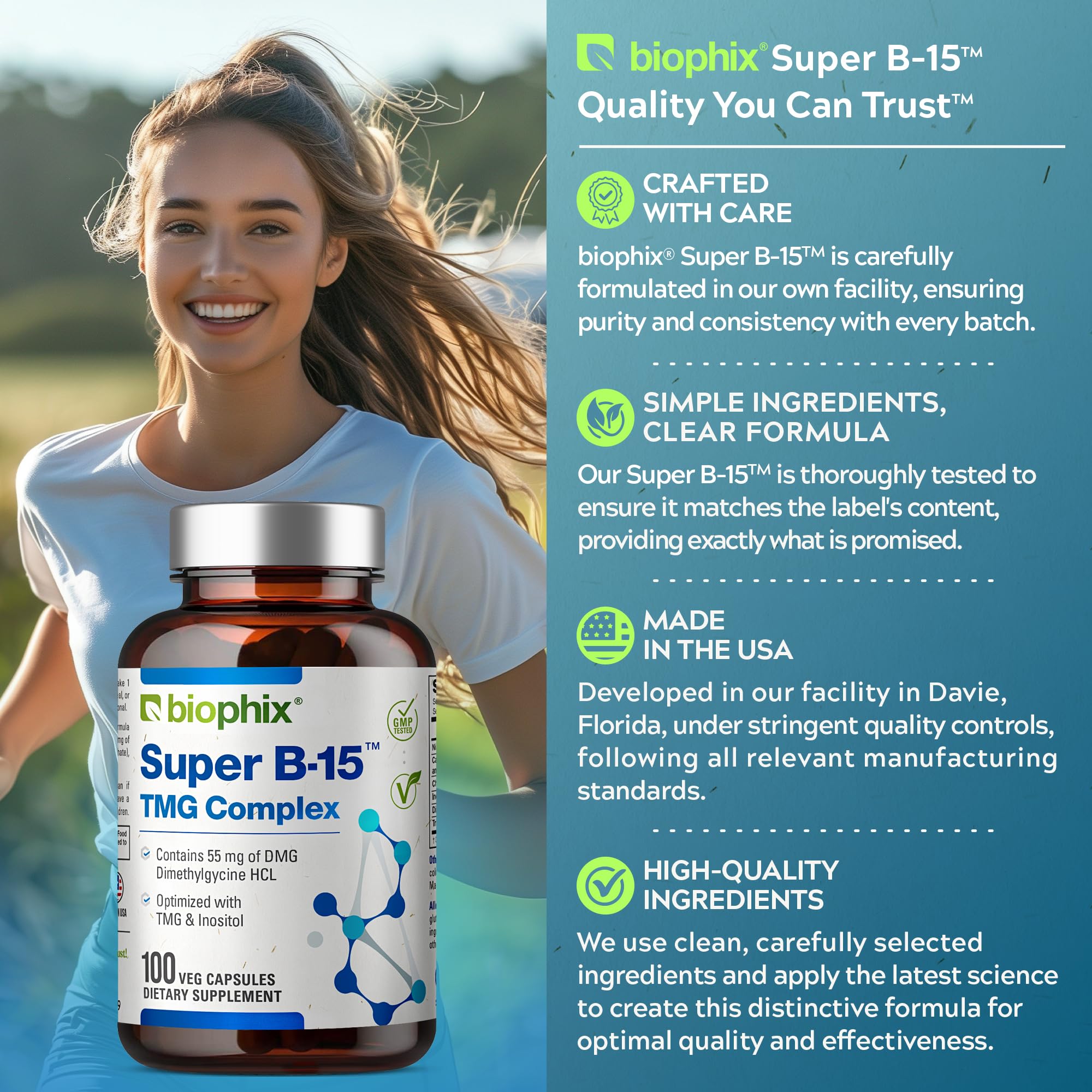 Biophix Super B-15 dosage scene showing three-capsule daily plan