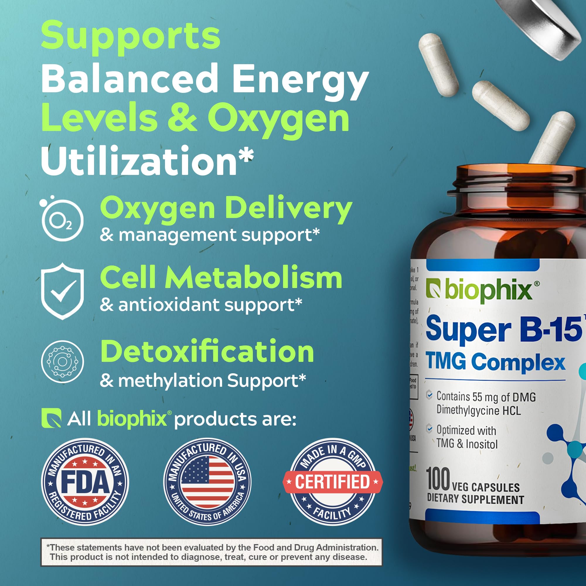 Biophix Super B-15 ingredient list emphasizing DMG and calcium support factors