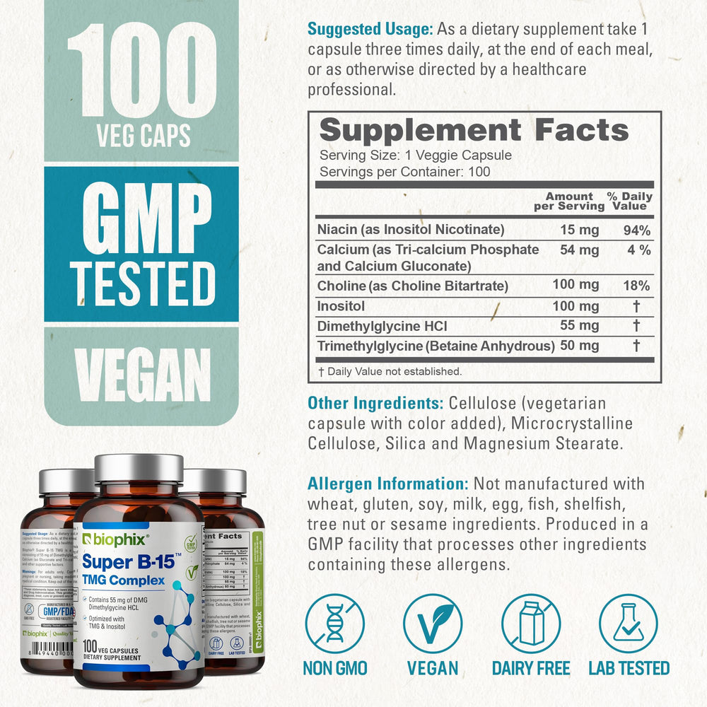 Biophix Super B-15 bottle with label detailing cGMP manufacturing in the USA