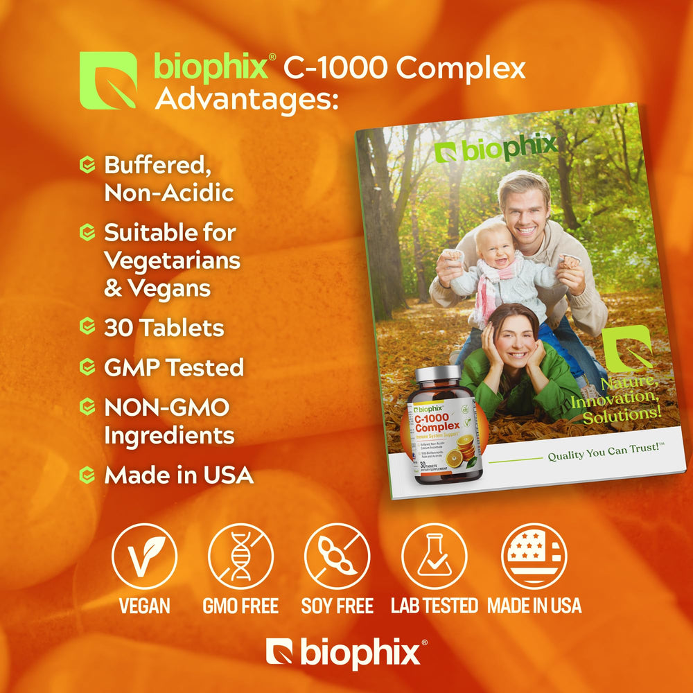 Close-up of Biophix Vitamin C-1000 tablets showing high-potency form