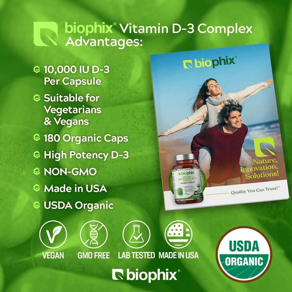 Biophix Vitamin D-3 Organic Complex label viewed up close on organic packaging.