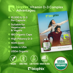 Biophix Vitamin D-3 Organic Complex label viewed up close on organic packaging.