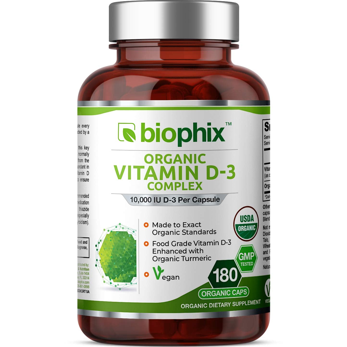 Biophix Vitamin D-3 Organic Complex bottle shows high-potency formula for daily wellness.