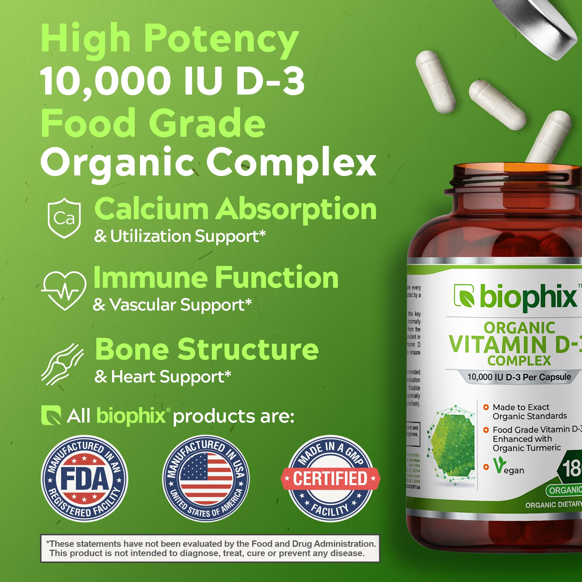 Biophix Vitamin D-3 Organic Complex packaging detail emphasizes organic standards.