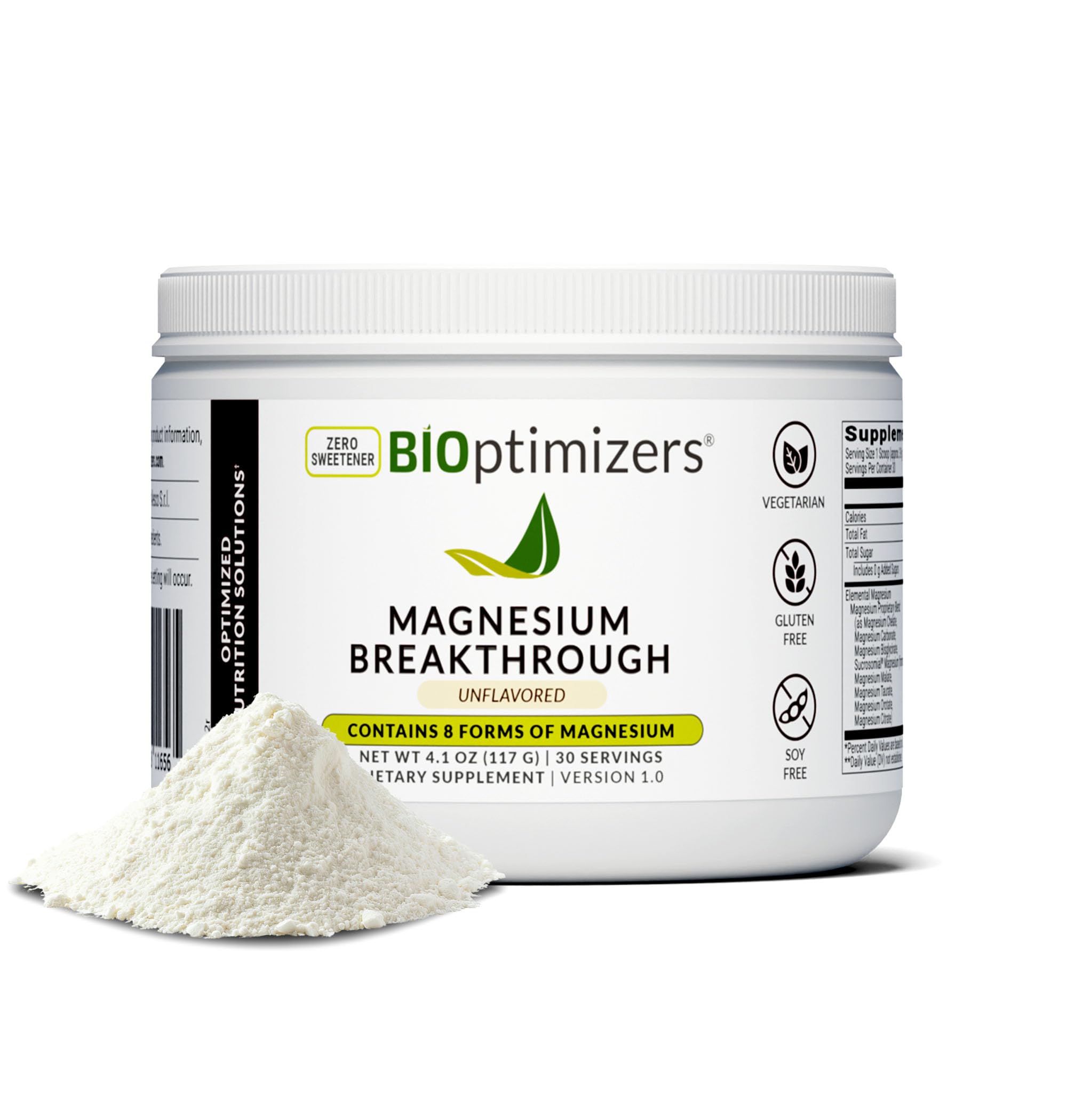 BIOptimizers Magnesium Breakthrough bottle close-up highlighting eight forms for sleep and recovery