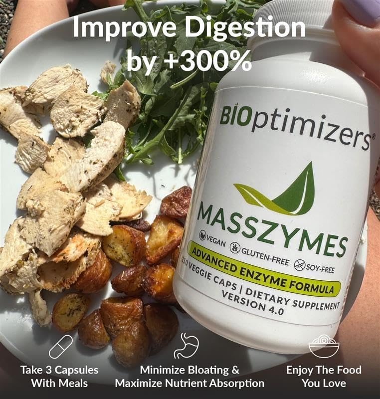 Graphic of bromelain, amylase, lipase, and protease enzymes on MassZymes label