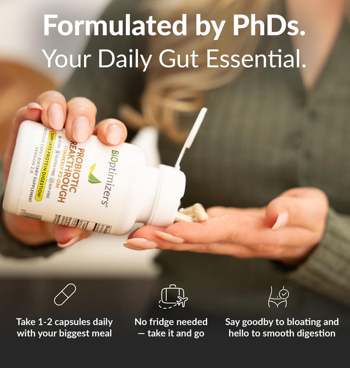 BIOptimizers Probiotic Breakthrough bottle with capsules for on-the-go digestion support