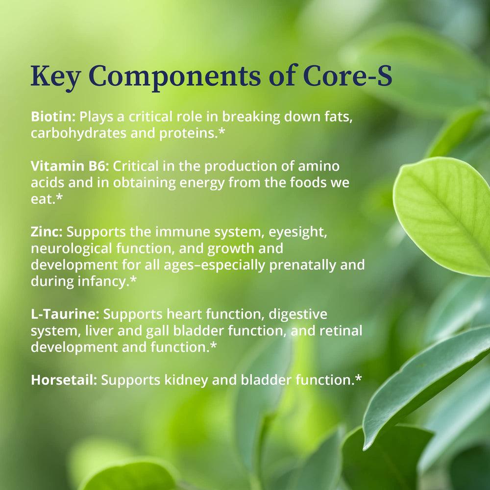 BioPure Core-S ingredients graphic illustrating herbal and amino acid blend