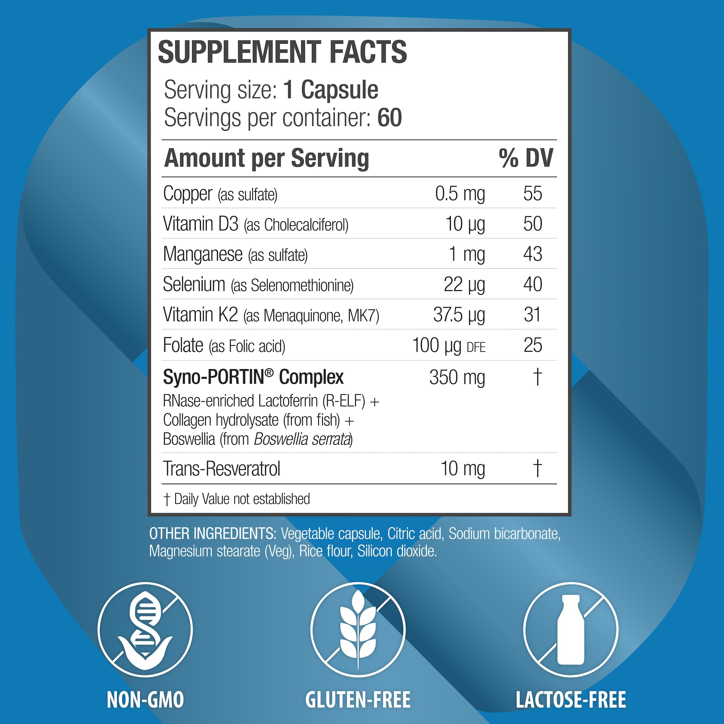 bioQuad OSTEODENX ingredients label featuring lactoferrin and collagen