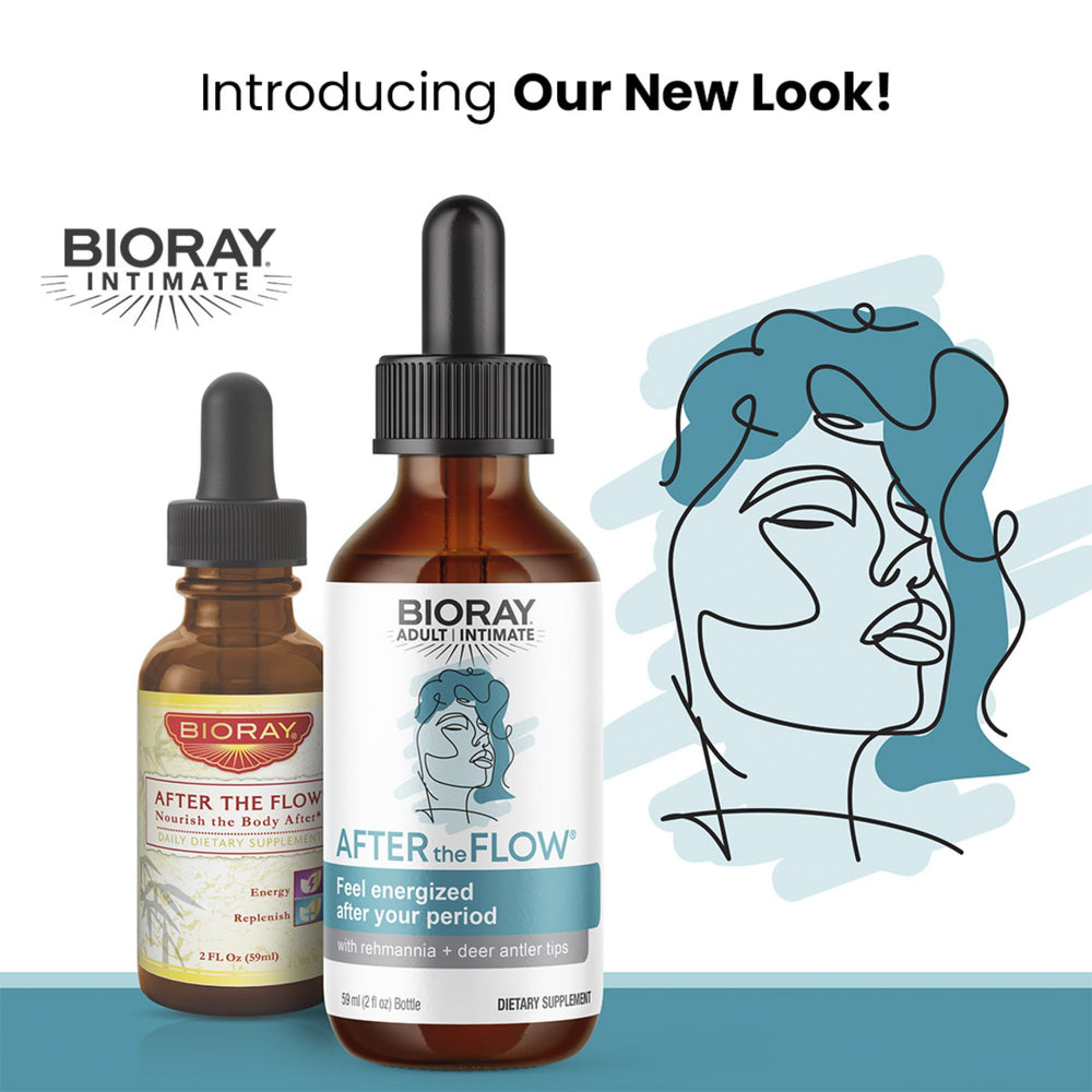 BIORAY After The Flow packaging shown, gluten-free formula for targeted menstrual support